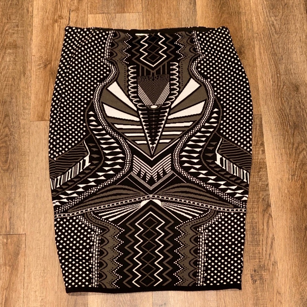 K + Glam Tribal Aztec Geometric Graphic Print Knit Bodycon Midi Skirt 3X Black